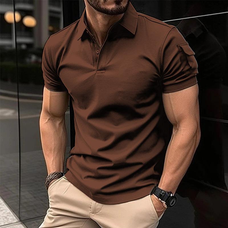 Men's Solid Lapel Sleeve Pocket Short Sleeve Polo Shirt