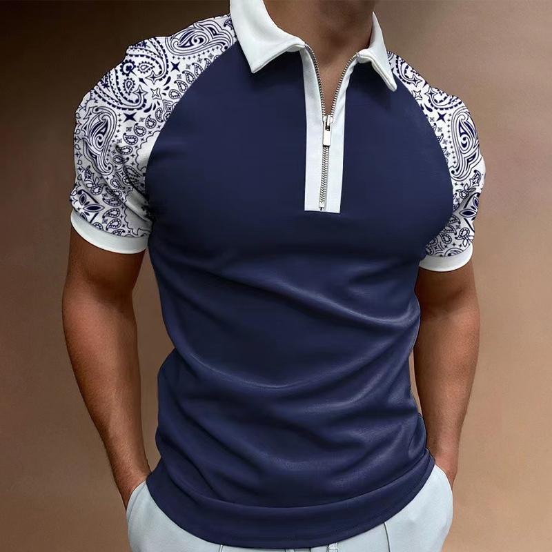 Men's Sports Short Sleeve Zipper Color Block Polo Shirt