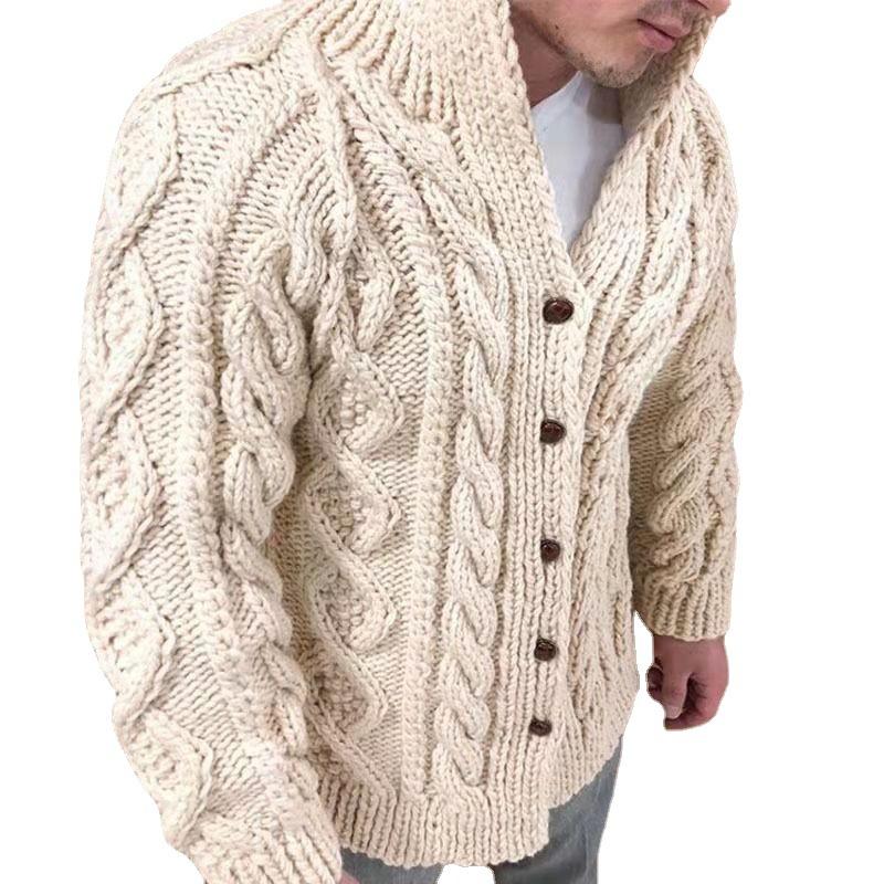 Men's Casual Stand Collar Cable Jacquard Sweater Cardigan