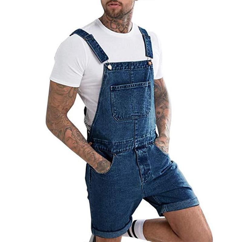 Men's Vintage Denim Ripped Cargo Shorts Jumpsuit Overall