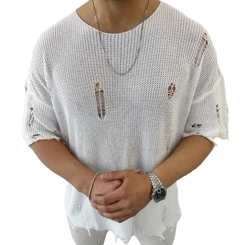 Men's Casual Round Neck Short Sleeve Hollow Knit Pullover Sweater