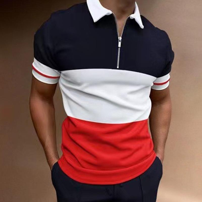 Men's Sports Short Sleeve Zipper Color Block Polo Shirt