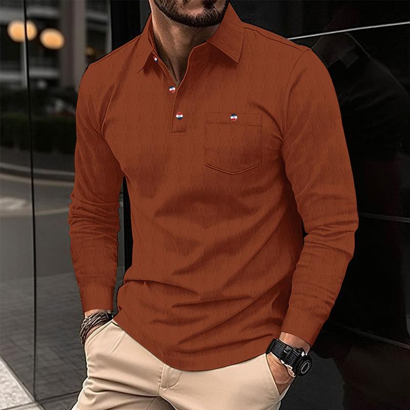 Men's Retro Solid Color Pocket Lapel Long Sleeve POLO Shirt