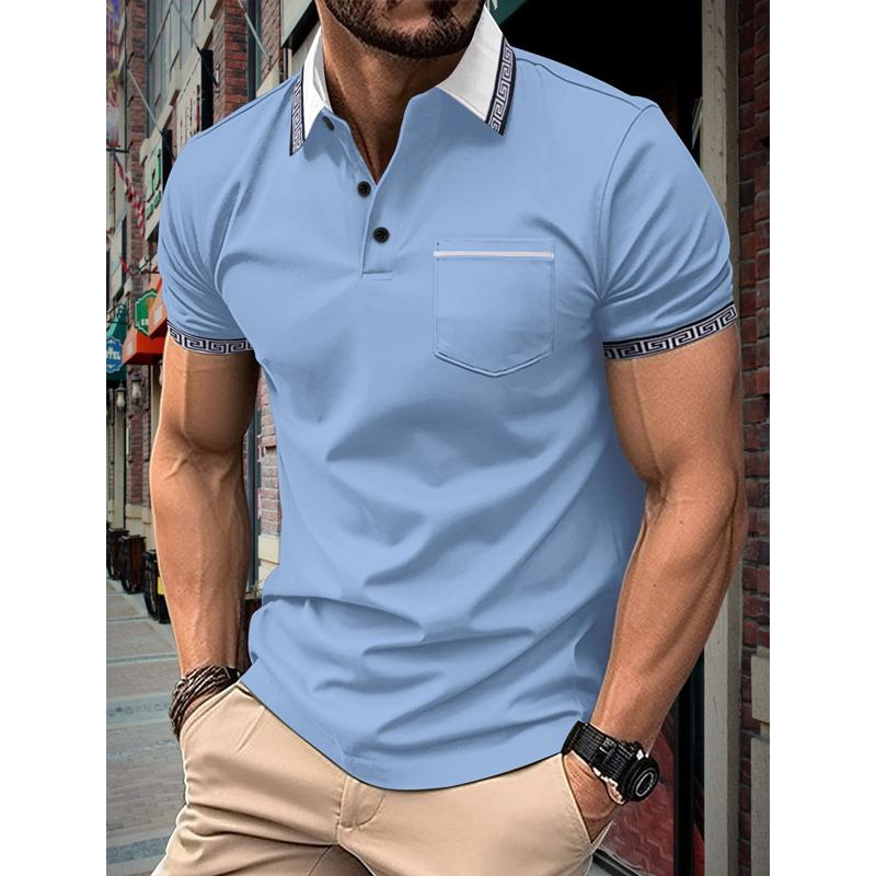 Men's Color Block Button Chest Pocket Short Sleeve Polo Shirt