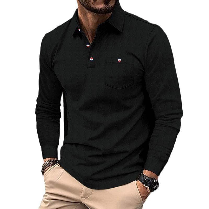 Men's Retro Solid Color Pocket Lapel Long Sleeve POLO Shirt