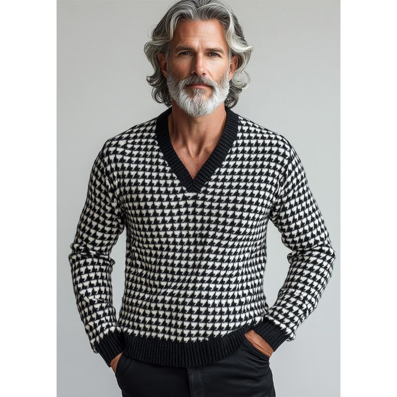 Men's Vintage Houndstooth Jacquard V Neck Sweater