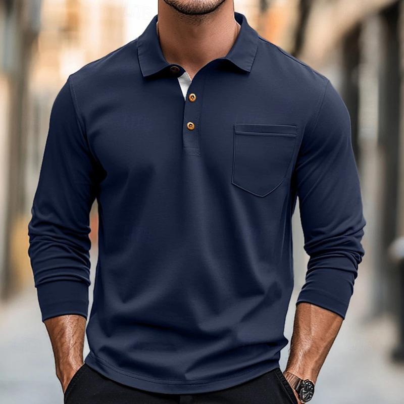 Men's Solid Color Button-Down Lapel Long-Sleeved Polo Shirt