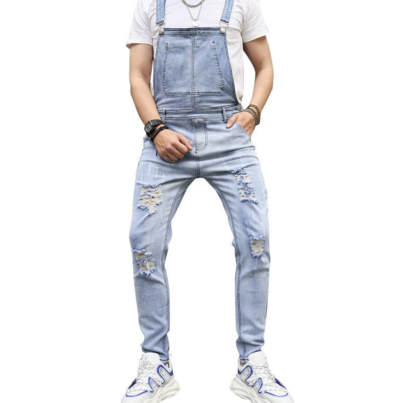 Men's Casual Solid Color Washed Ripped Denim Overalls