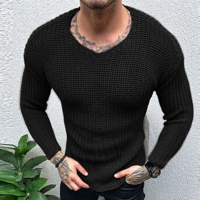 Men's Retro Casual Solid Color Round Neck Slim Sweater