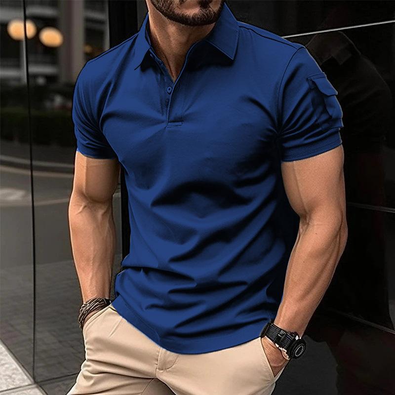 Men's Solid Lapel Sleeve Pocket Short Sleeve Polo Shirt