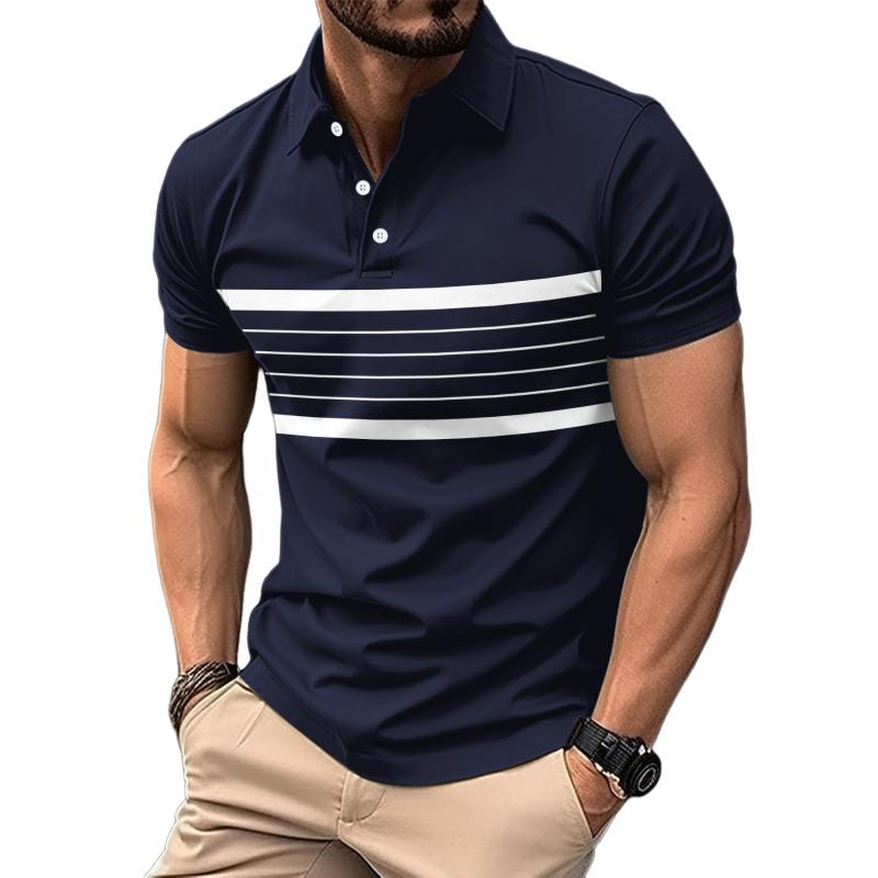 Men's Striped Casual Button-Down Short Sleeve Polo Shirt