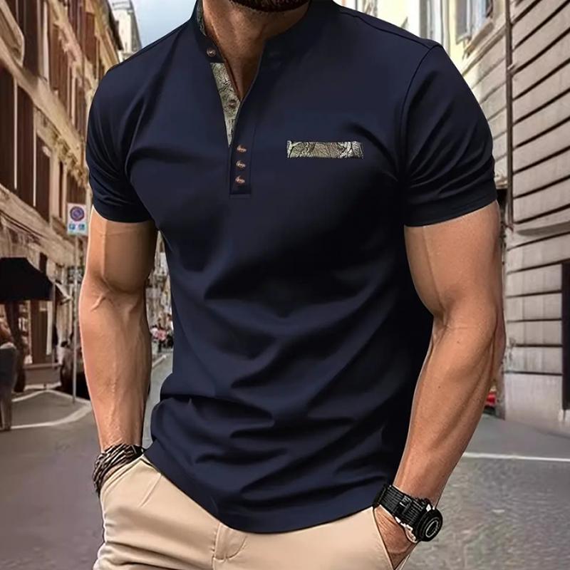 Men's Camouflage Stitching Stand Collar Short Sleeve Polo Shirt