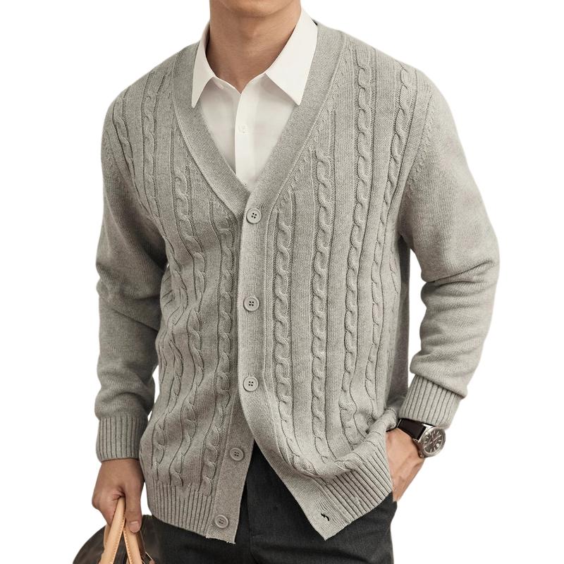 Men's Solid Color Knit Cable V Neck Single Breasted Cardigan