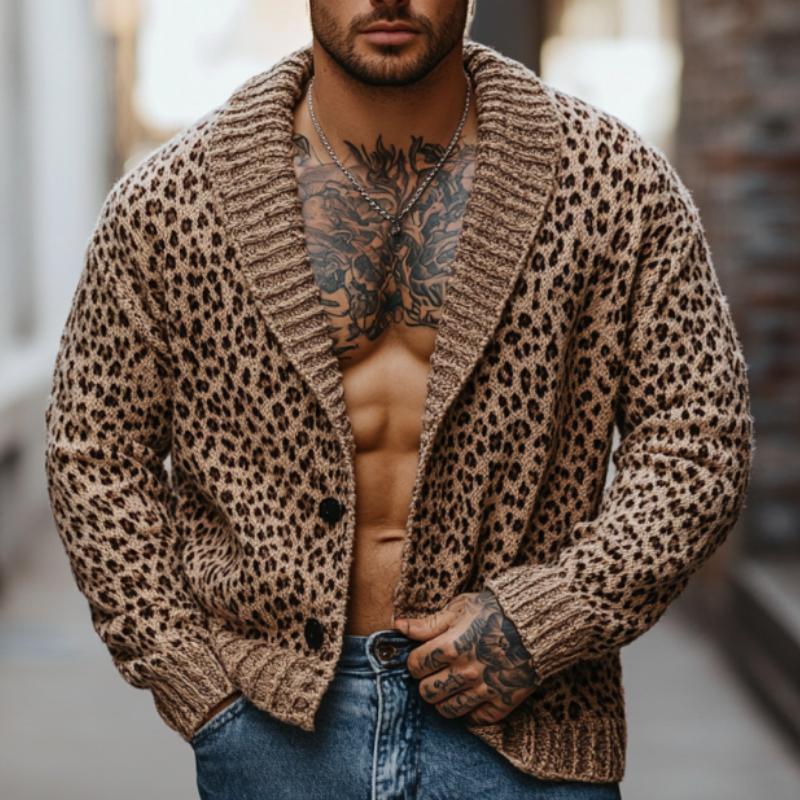 Men's Fashion Shawl Collar Leopard Jacquard Knitted Cardigan