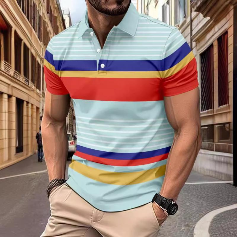 Men's Colorful Striped Lapel Short-Sleeved Polo Shirt