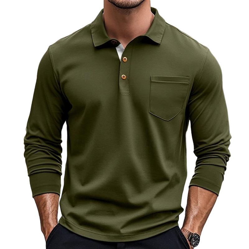 Men's Solid Color Button-Down Lapel Long-Sleeved Polo Shirt