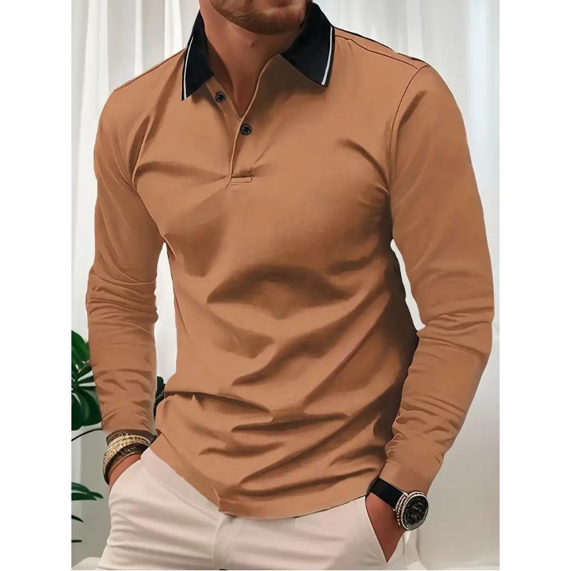 Men's Casual Solid Color Lapel Long Sleeve Polo Shirt