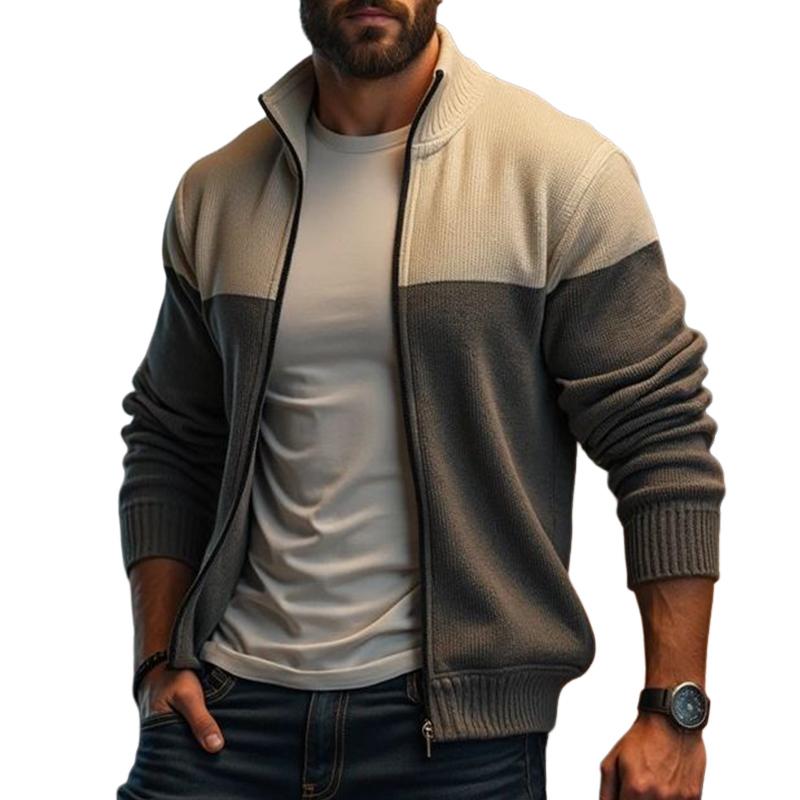 Men's Retro Casual Colorblock Zipper Lapel Knit Cardigan