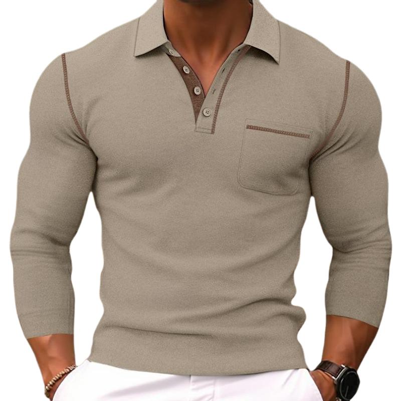 Men's Casual Colorblock Lapel Slim Fit Long Sleeve Polo Shirt