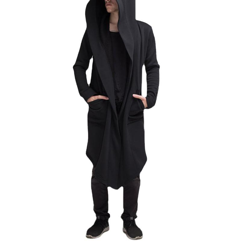 Men's Casual Solid Color Mid-Length Loose Long Sleeve Hooded Cardigan