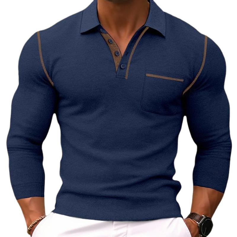 Men's Casual Colorblock Lapel Slim Fit Long Sleeve Polo Shirt