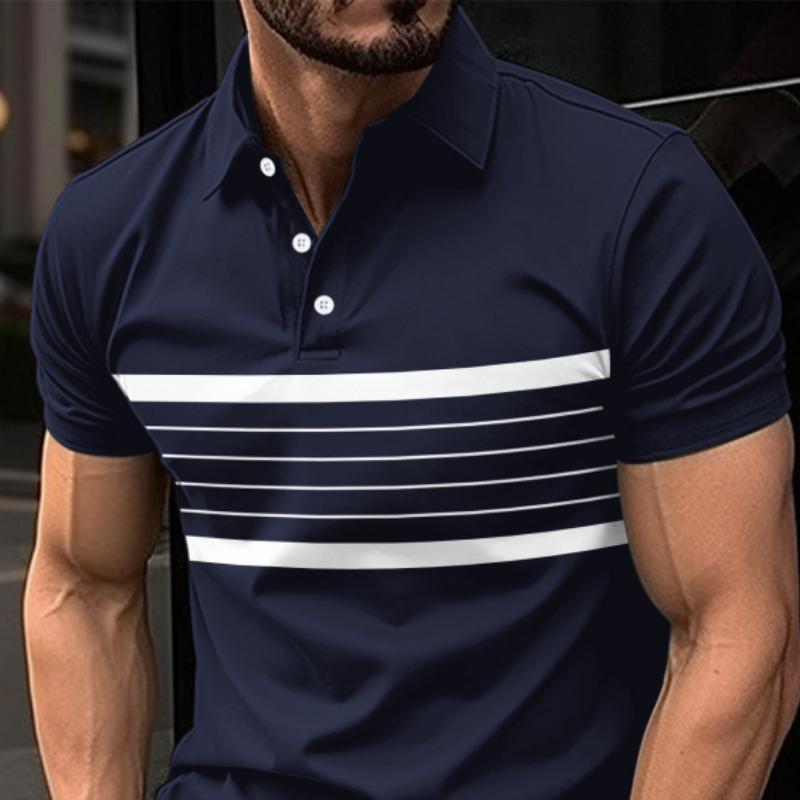 Men's Striped Casual Button-Down Short Sleeve Polo Shirt