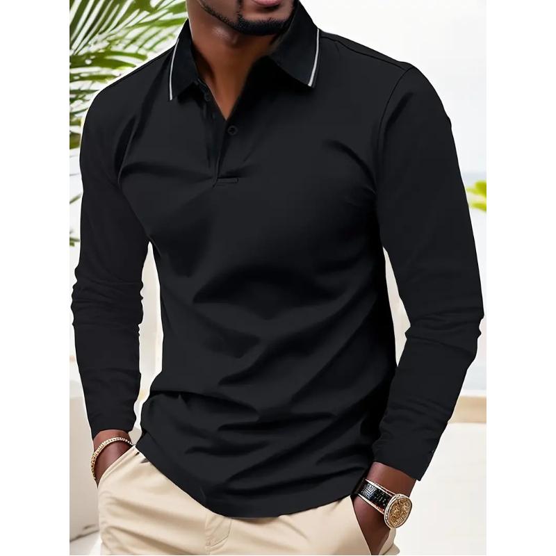 Men's Casual Solid Color Lapel Long Sleeve Polo Shirt