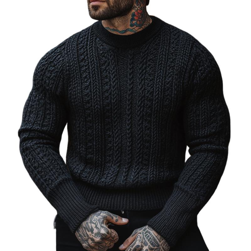 Men's Solid Color Cable Knit Round Neck Long Sleeve Sweater