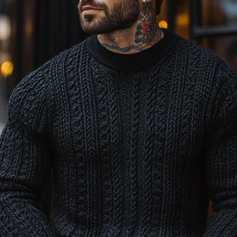 Men's Solid Color Cable Knit Round Neck Long Sleeve Sweater