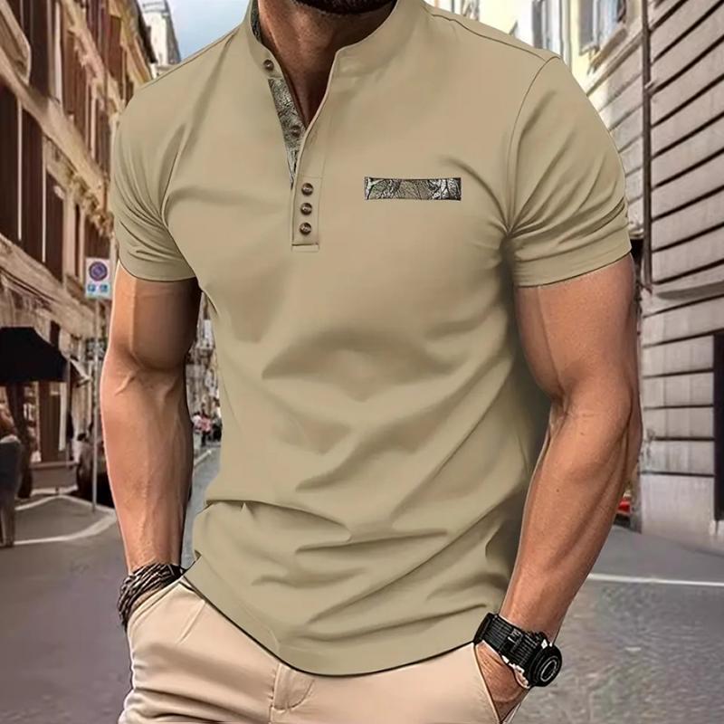 Men's Camouflage Stitching Stand Collar Short Sleeve Polo Shirt