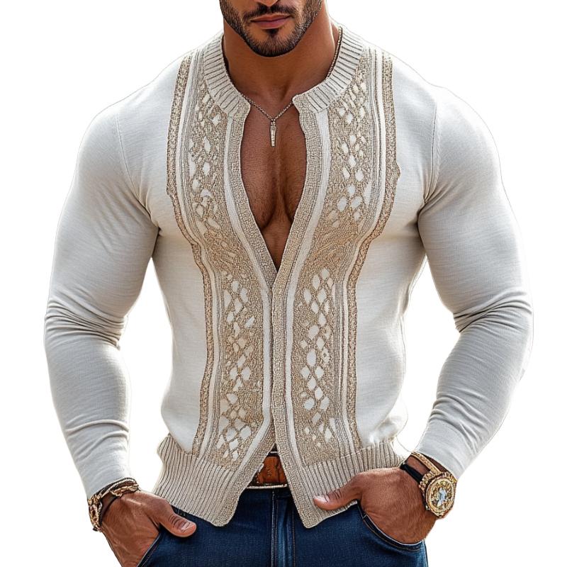 Men's Retro Casual Solid Color Printed Knit Cardigan