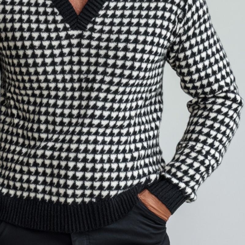 Men's Vintage Houndstooth Jacquard V Neck Sweater