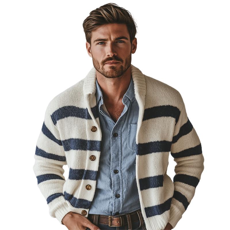 Men's Navy Style Striped Lapel Single Breasted Casual Cardigan