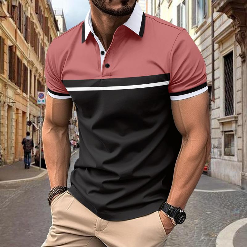 Men's Casual Color Block Short Sleeve Polo Shirt=