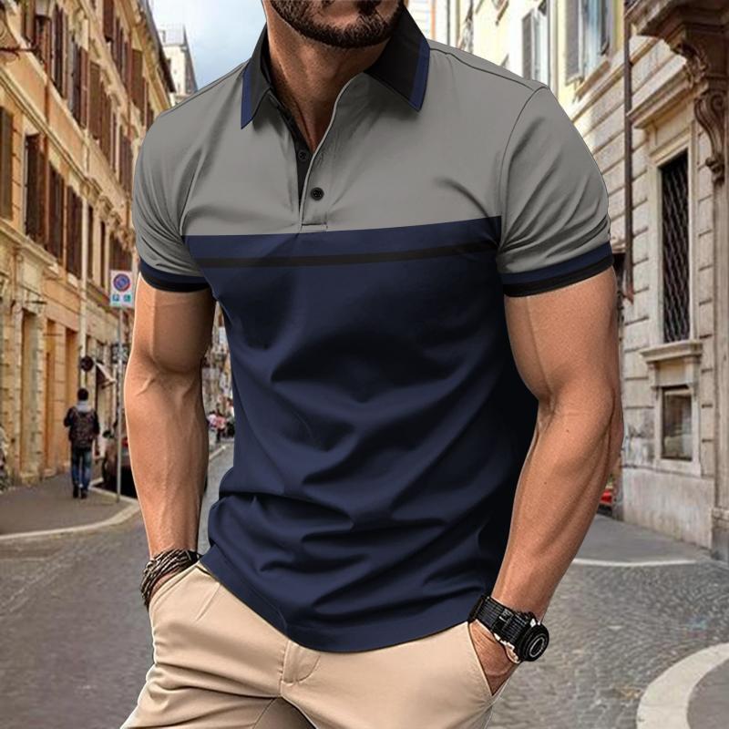 Men's Casual Color Block Short Sleeve Polo Shirt=