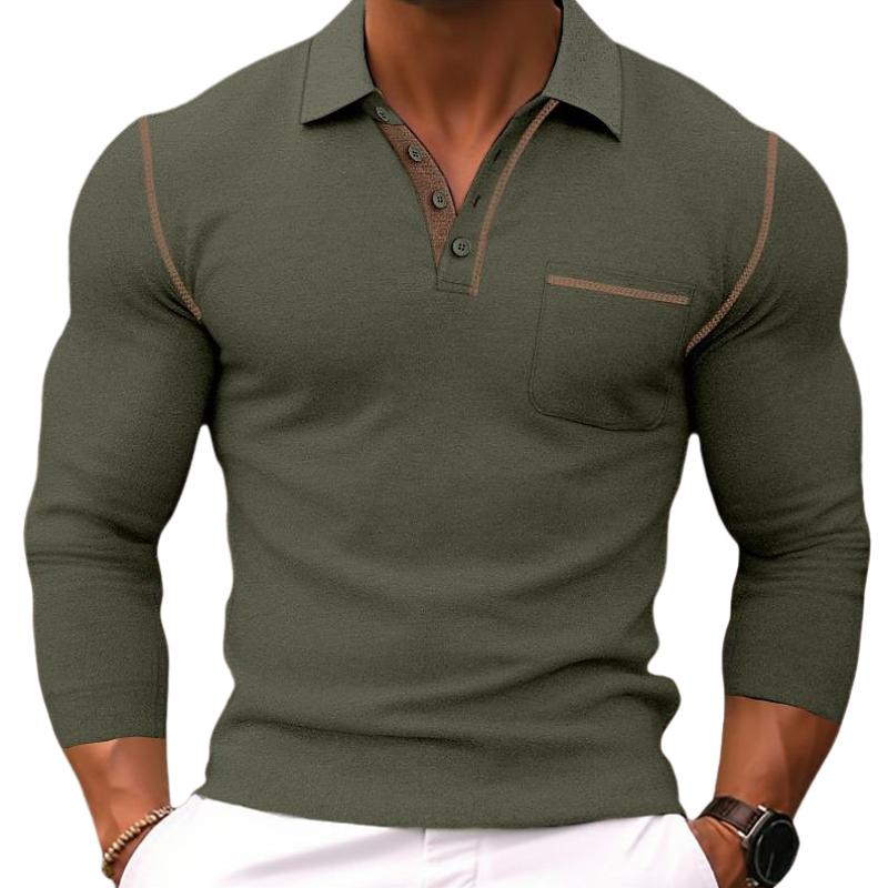 Men's Casual Colorblock Lapel Slim Fit Long Sleeve Polo Shirt