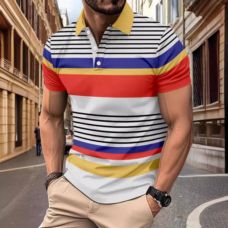 Men's Colorful Striped Lapel Short-Sleeved Polo Shirt