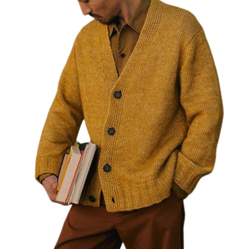 Men's Casual V-neck Single-breasted Solid Color Loose Knitted Cardigan