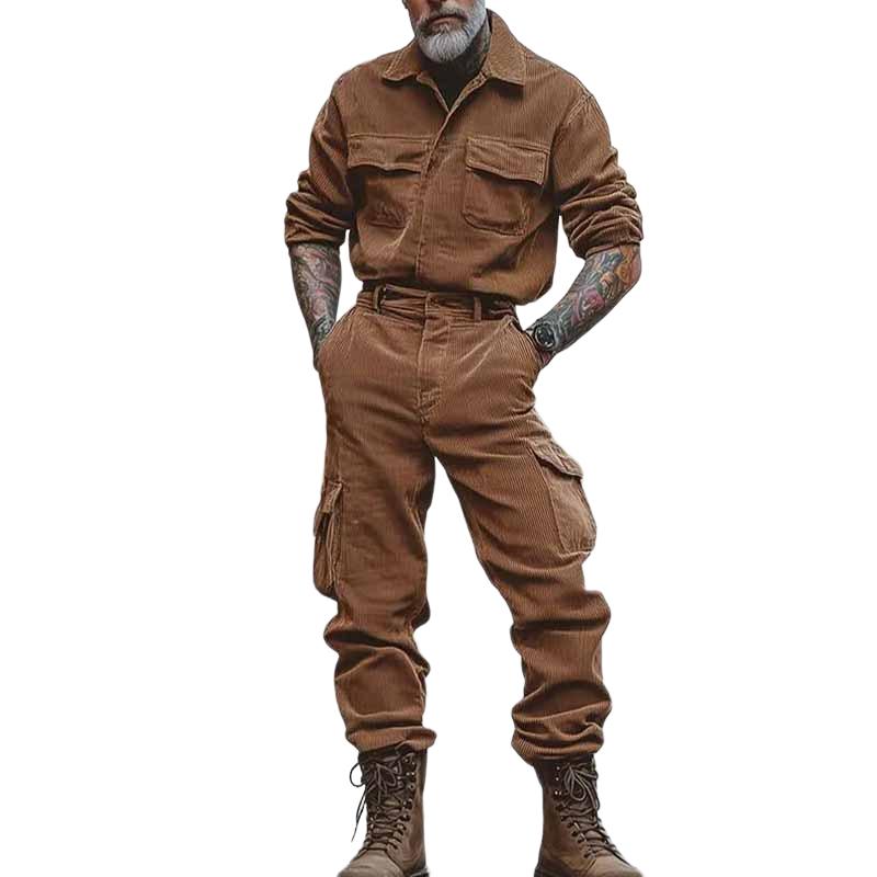 Men's Solid Corduroy Lapel Chest Pocket Long Sleeve Cargo Jumpsuit