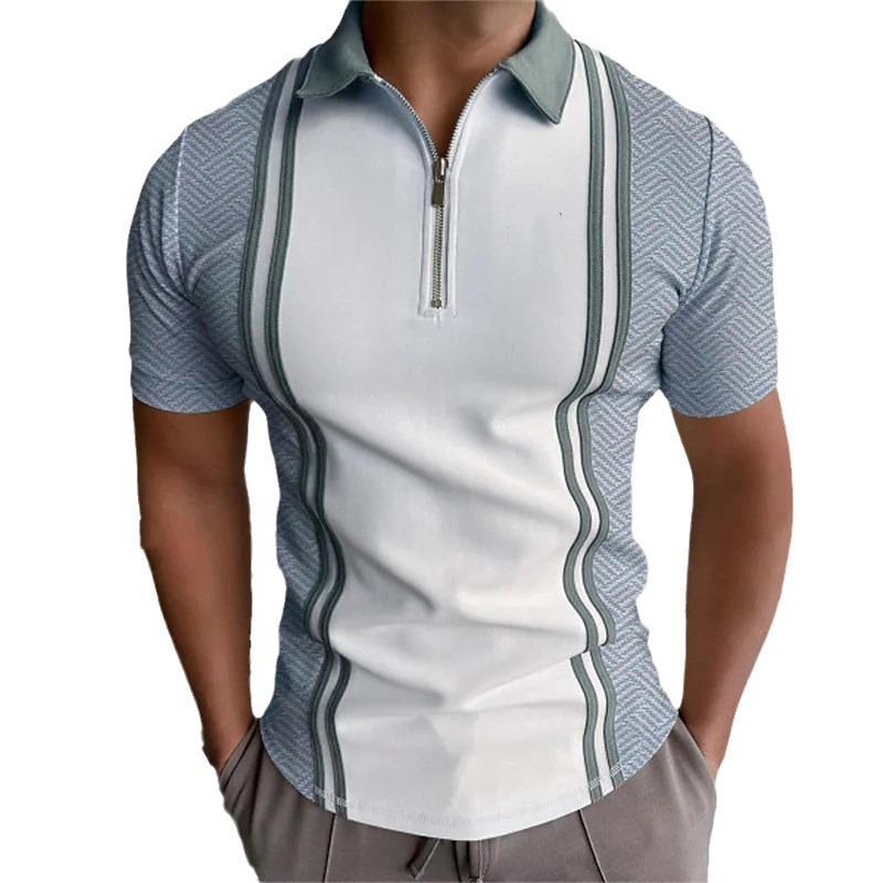 Men's Printed Striped Short Sleeve Zip-up Polo Shirt