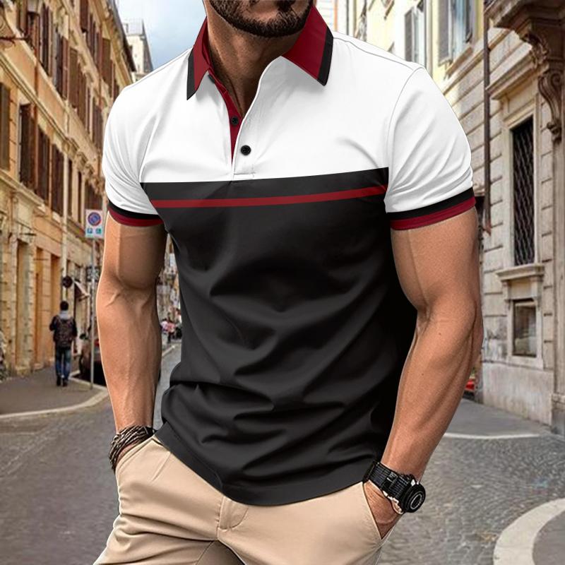 Men's Casual Color Block Short Sleeve Polo Shirt=