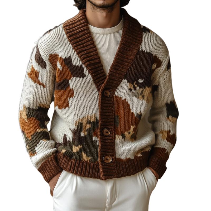 Men's Retro Colorblock Jacquard Collarless Single Breasted Knitted Cardigan