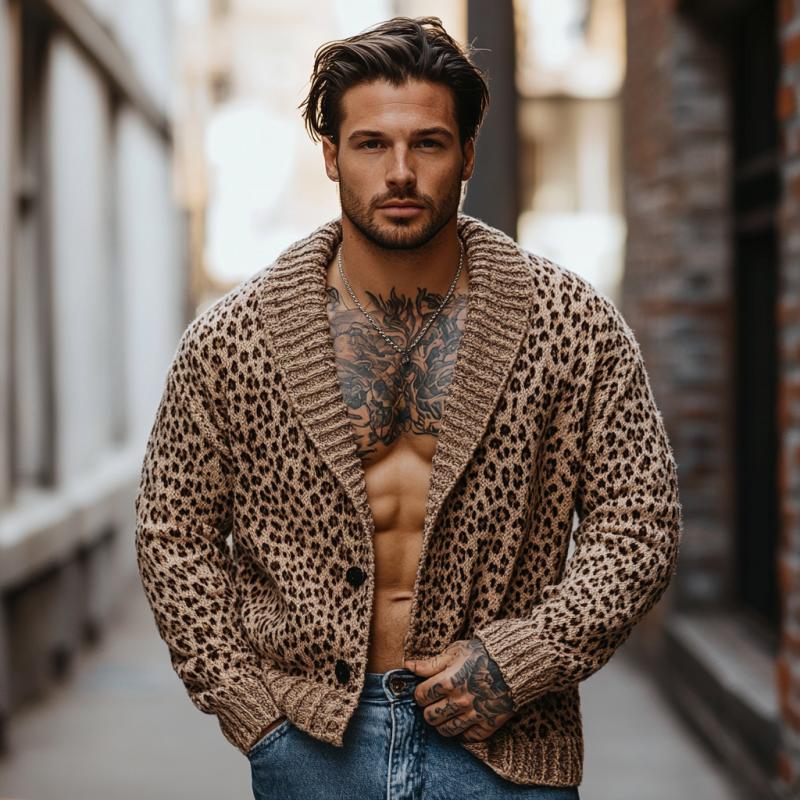 Men's Fashion Shawl Collar Leopard Jacquard Knitted Cardigan