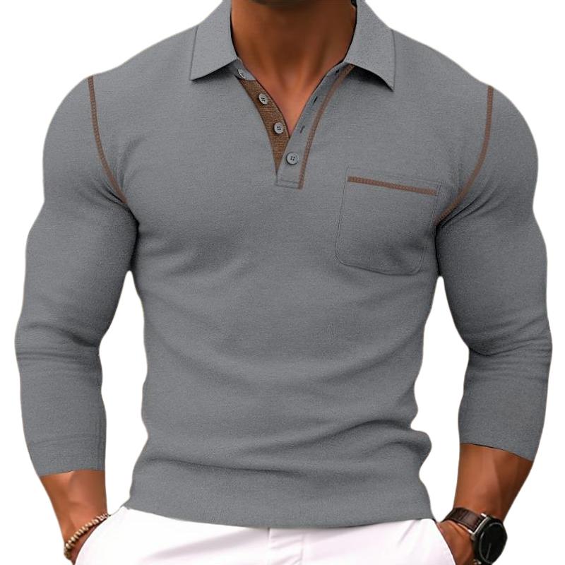 Men's Casual Colorblock Lapel Slim Fit Long Sleeve Polo Shirt