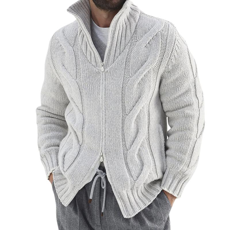 Men's Solid Color Stand Collar Long Sleeve Knitted Cardigan