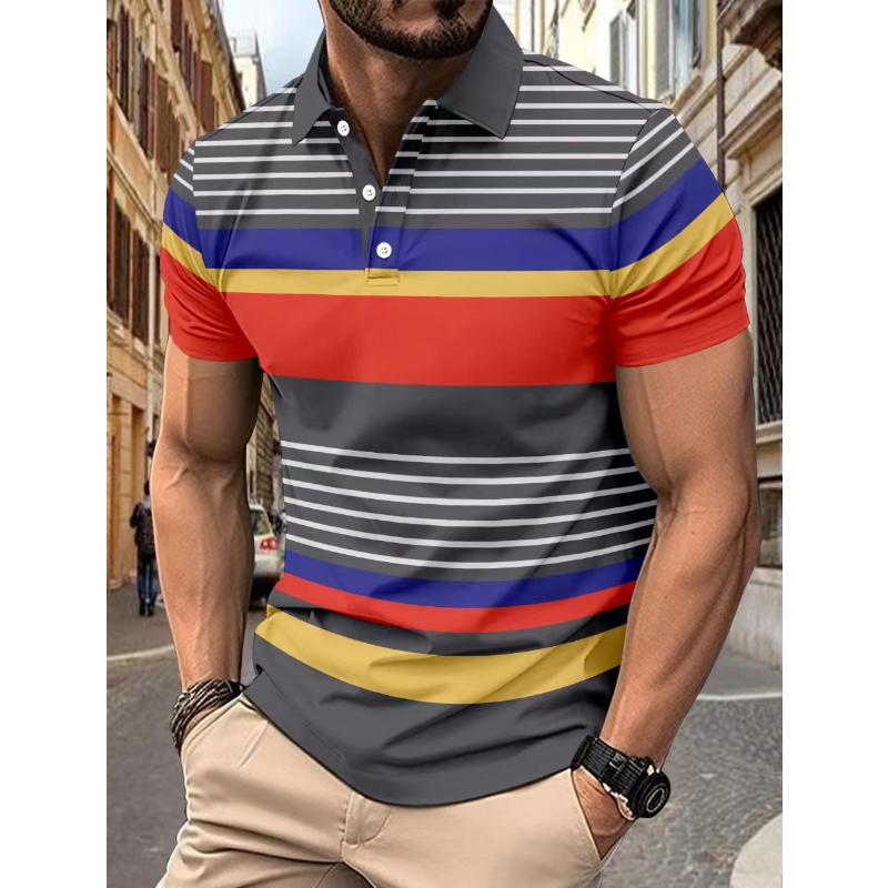 Men's Colorful Striped Lapel Short-Sleeved Polo Shirt