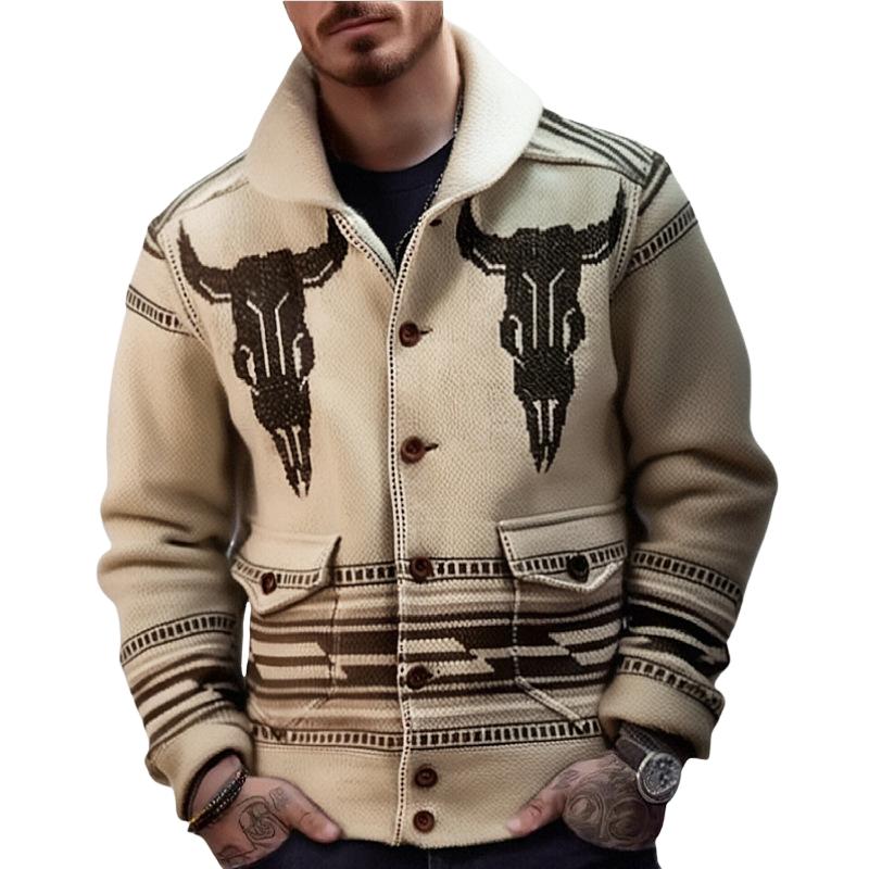 Men's Vintage Jacquard Thick Lapel Single Breasted Knitted Cardigan