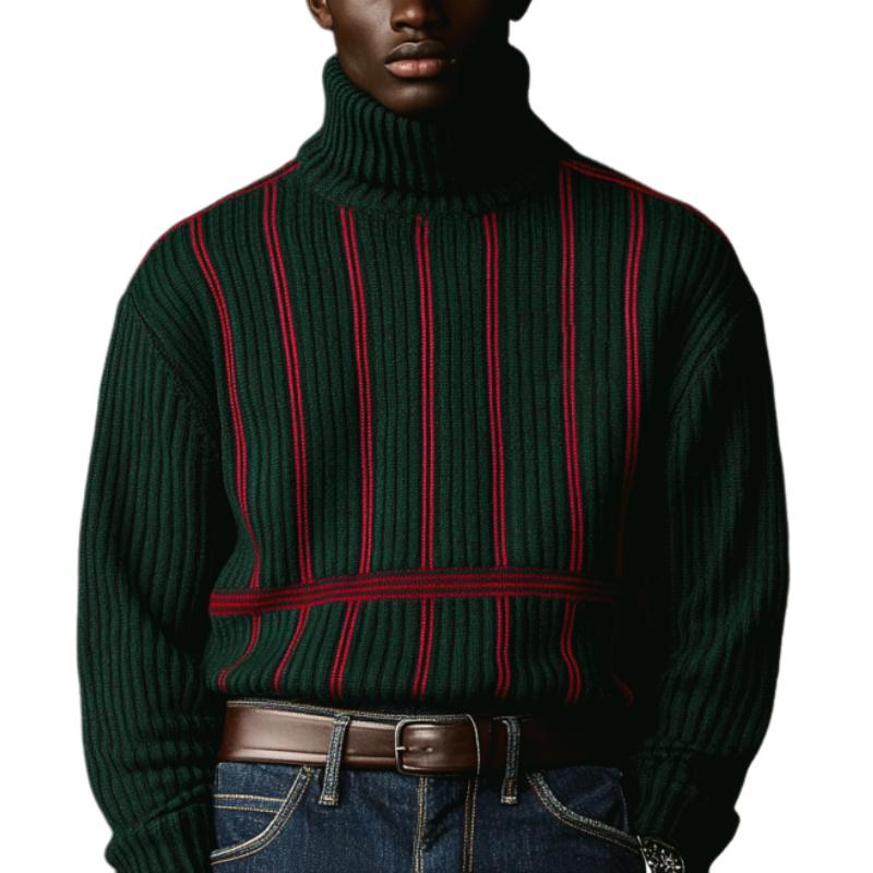 Men's Vintage Christmas Color-Blocked Vertical Striped Knitted Turtleneck Sweater