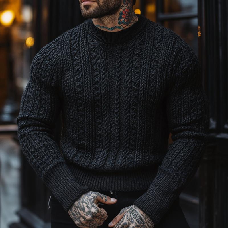 Men's Solid Color Cable Knit Round Neck Long Sleeve Sweater