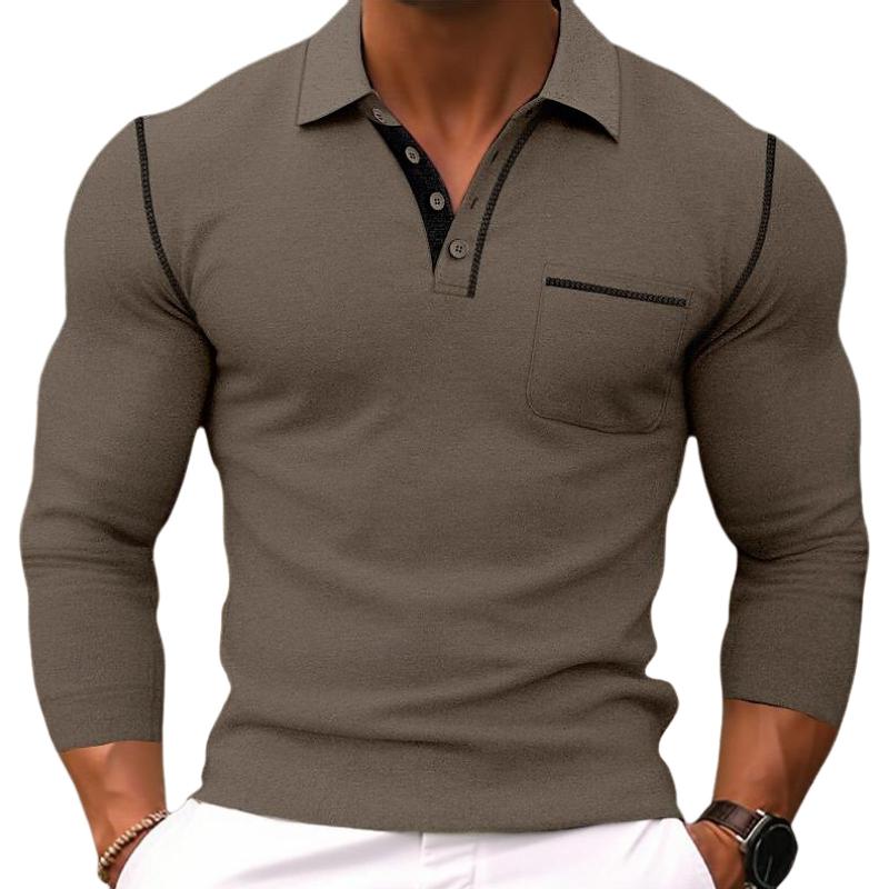 Men's Casual Colorblock Lapel Slim Fit Long Sleeve Polo Shirt